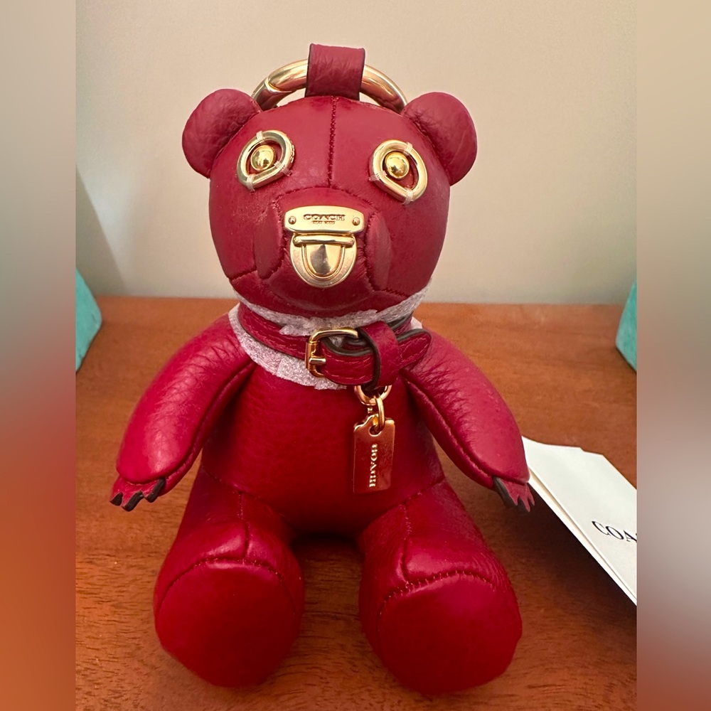 SOLD OUT RARE MAROON RED LEATHER COACH BEAR BAG CHARM GOLD ACCENTS NWT
